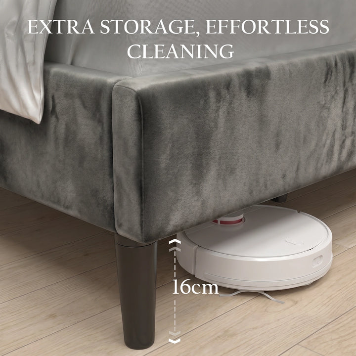 [King | Grey] Velvet Bed Frame 16cm under-bed clearance with robot vacuum for effortless cleaning