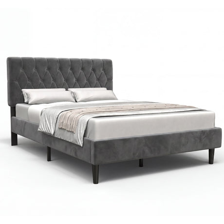 [King | Grey] Velvet Bed Frame angled product view on white background showing full frame profile