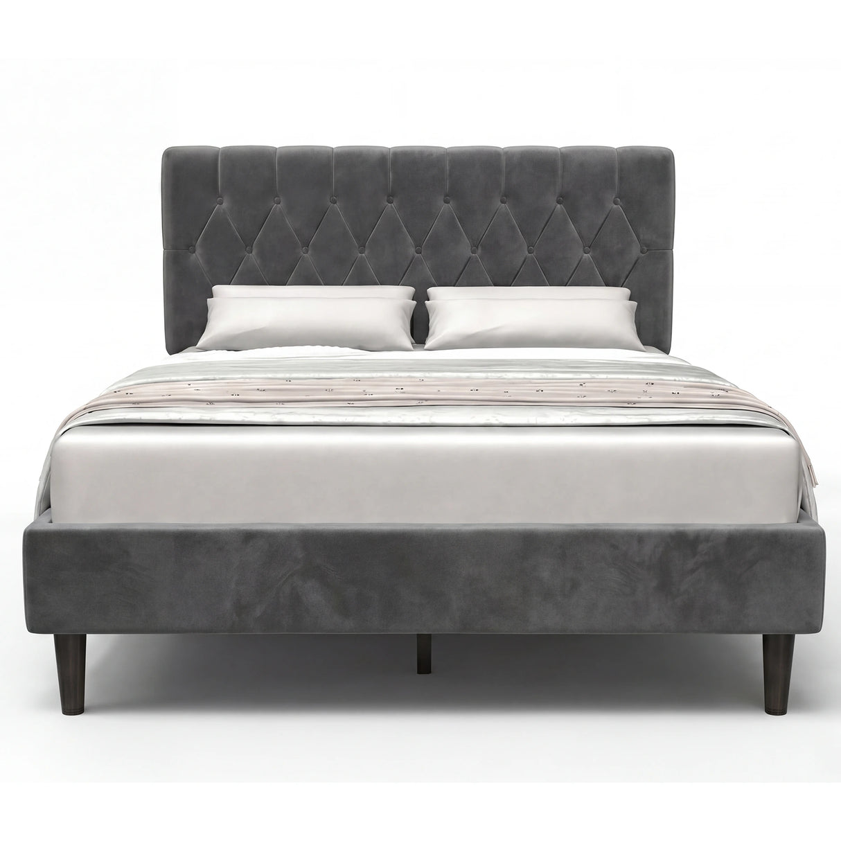 [King | Grey] Velvet Bed Frame front-facing product view on white background showing full design