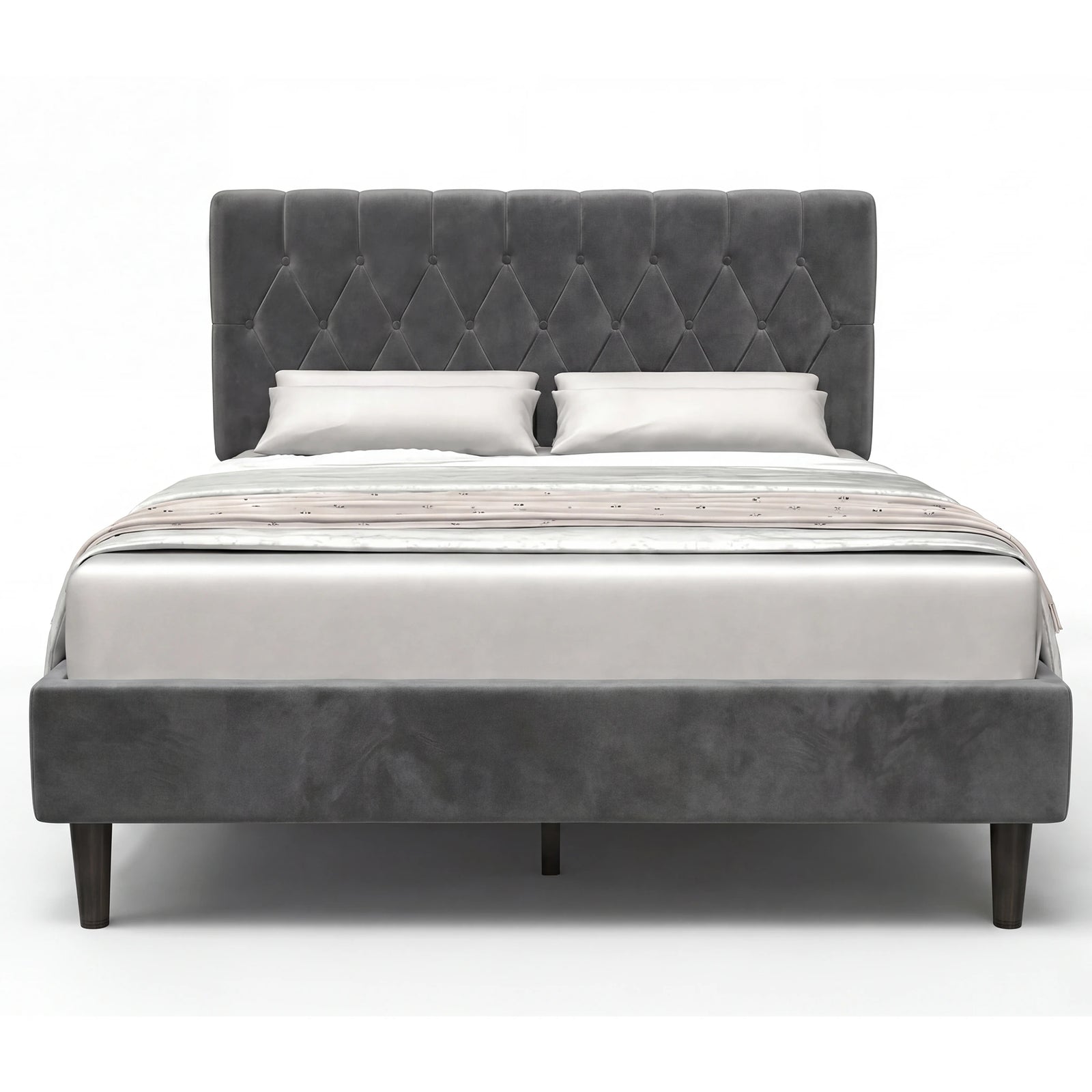 [King | Grey] Velvet Bed Frame front-facing product view on white background showing full design