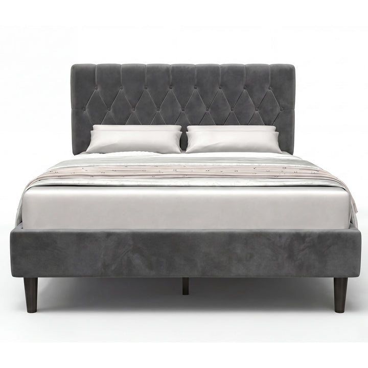 [King | Grey] Velvet Bed Frame front-facing product view on white background showing full design