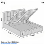 [King | Grey] King 5ft diagram: mattress 150x200cm, frame 160x214cm, headboard 85cm, storage 27cm deep