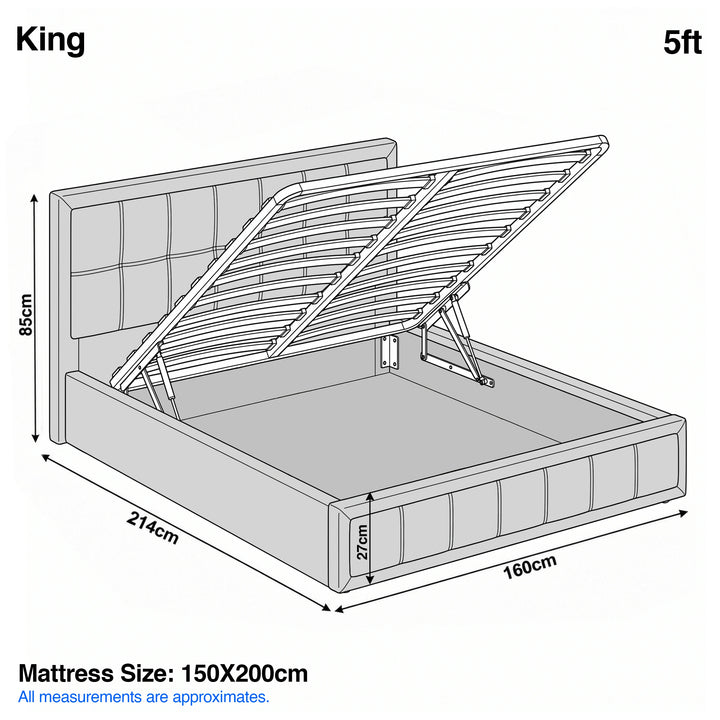 [King | Grey] King 5ft diagram: mattress 150x200cm, frame 160x214cm, headboard 85cm, storage 27cm deep