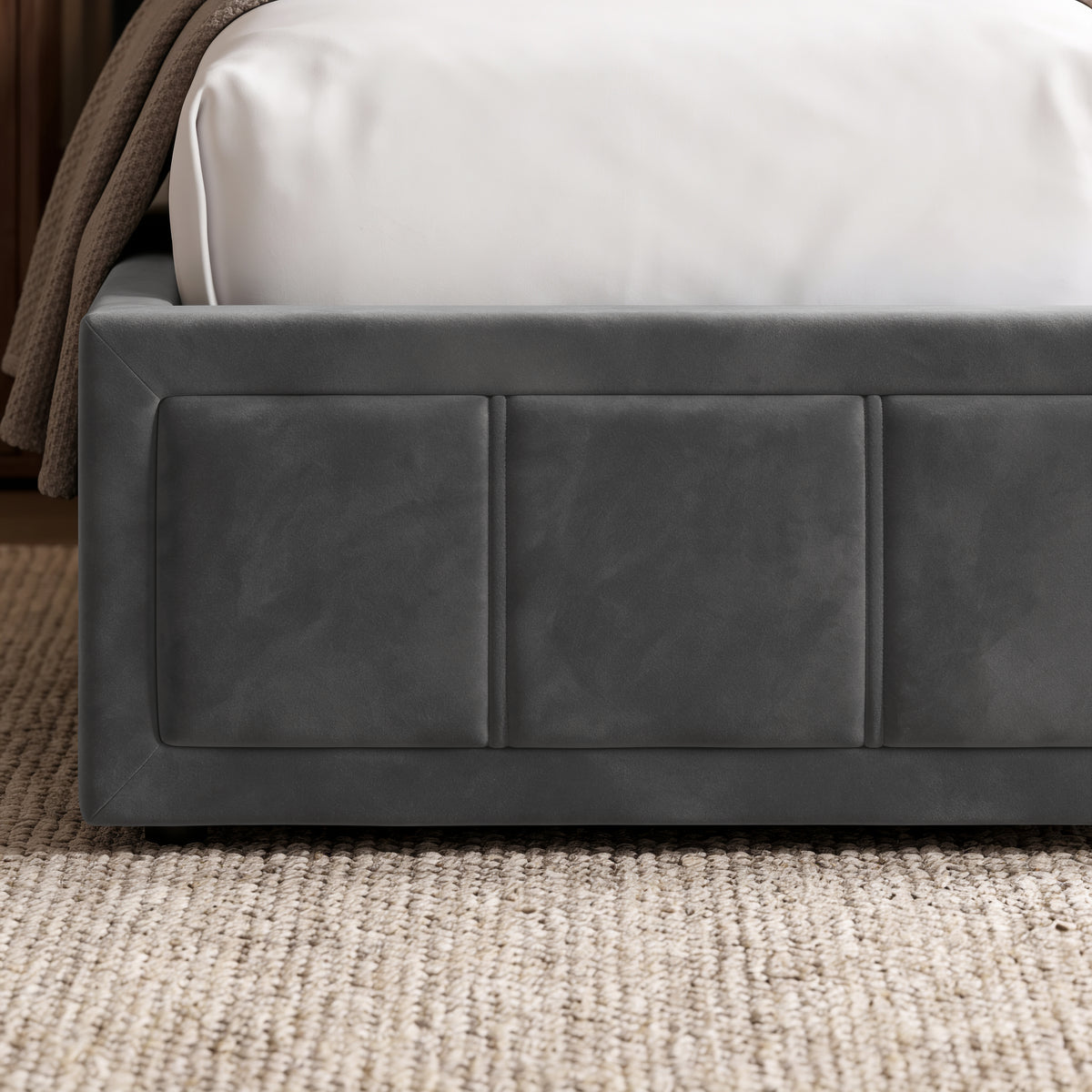 [King | Grey] Close-up detail of the stitched paneled footboard on the King Grey Velvet Ottoman Storage Bed Frame.