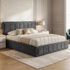 [King | Grey] Angled bedroom view of velvet end lift ottoman bed beside nightstands and lamps under wall artwork