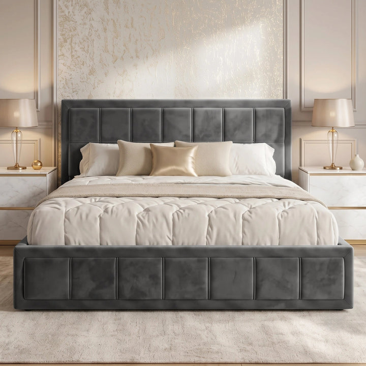 [King | Grey] Velvet end lift ottoman bed shot head-on, dressed in white sheets with throw runner across mattress