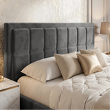 [King | Grey] Padded headboard of velvet end lift ottoman bed shown close, framed by cushions on the mattress