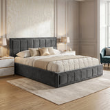 [King | Grey] Lifestyle side view of velvet ottoman storage bed with footboard square panels in foreground