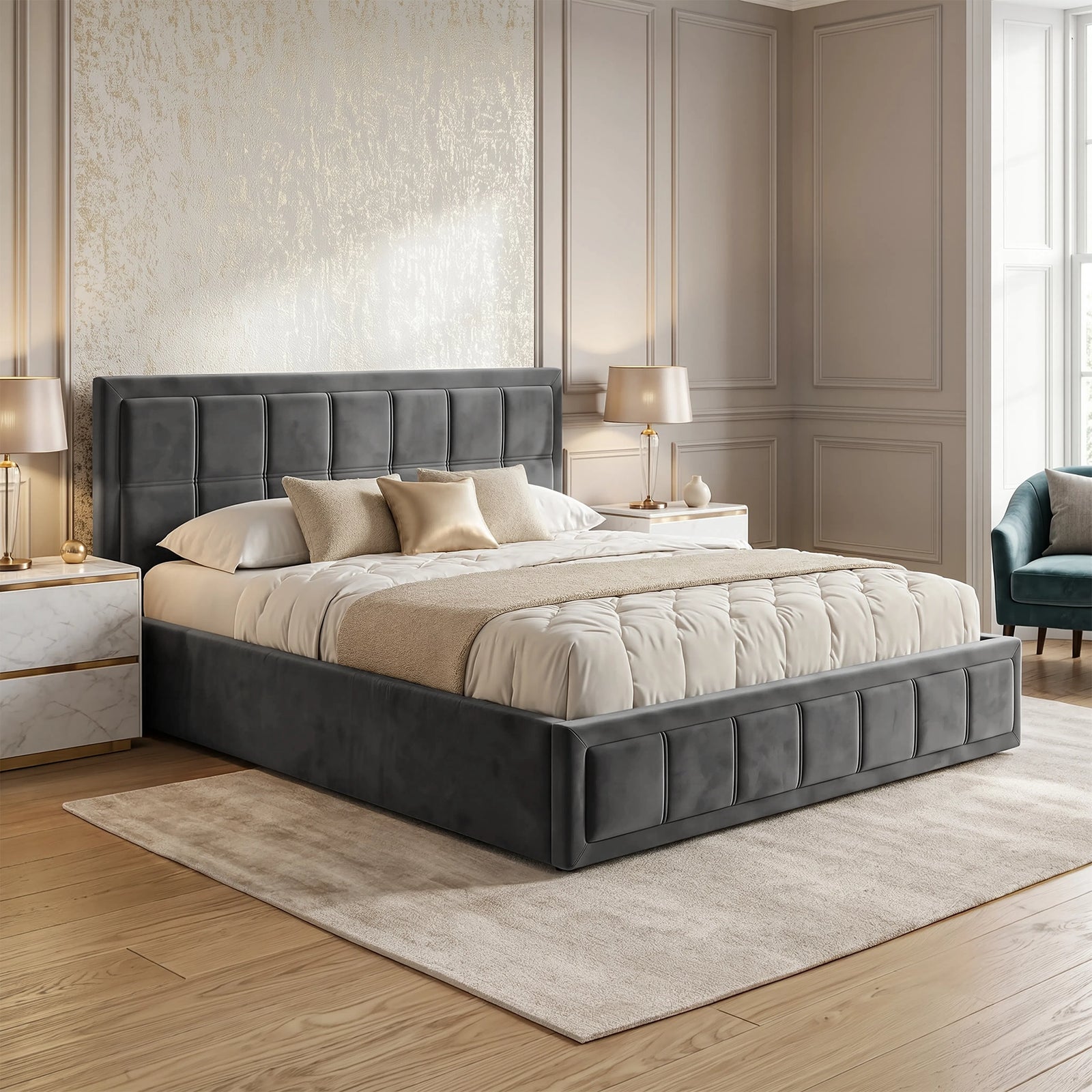 [King | Grey] Lifestyle side view of velvet ottoman storage bed with footboard square panels in foreground
