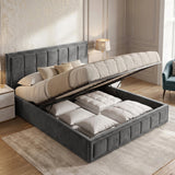 [King | Grey] Velvet ottoman storage bed lid raised showing slatted base and folded bedding in compartment