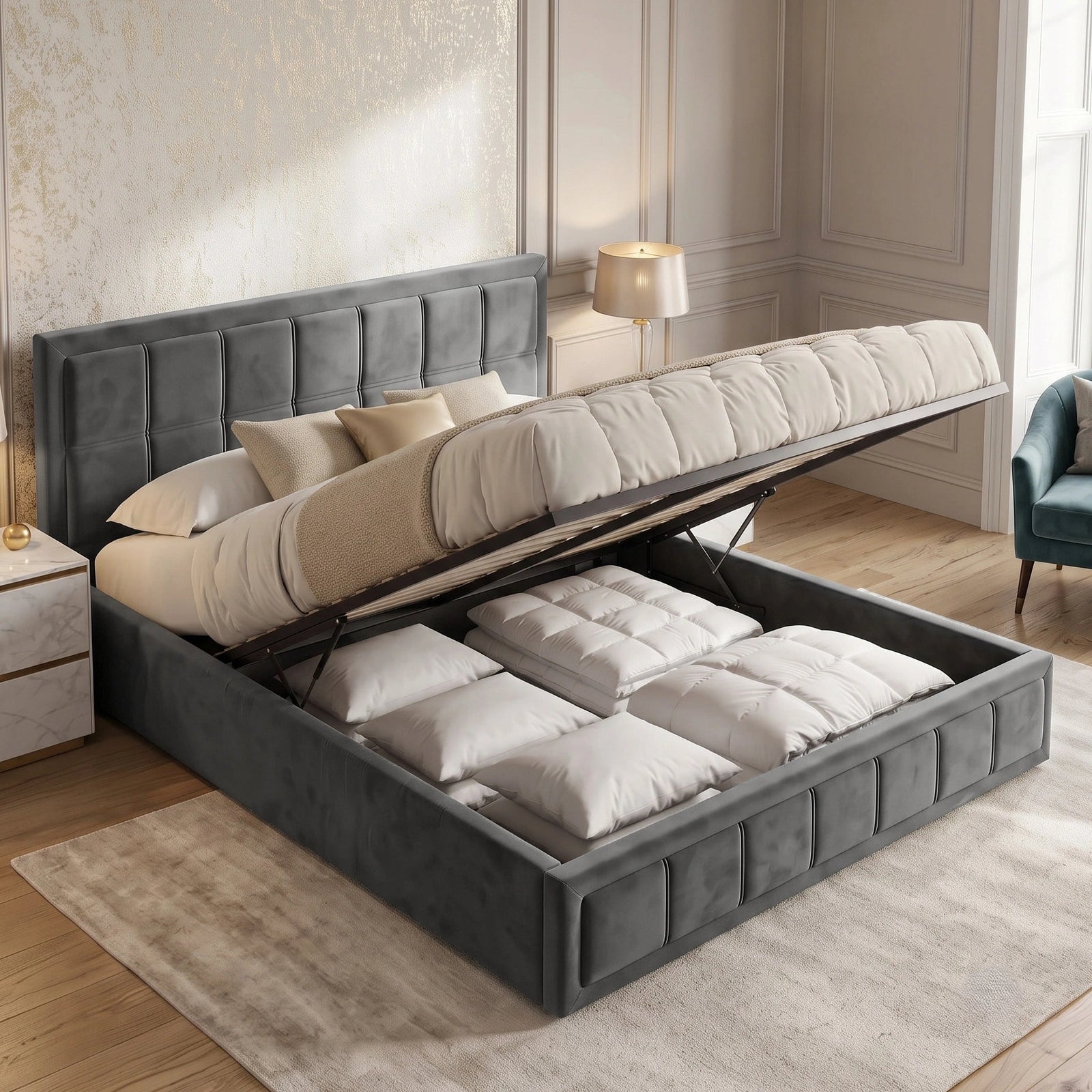 [King | Grey] Velvet ottoman storage bed lid raised showing slatted base and folded bedding in compartment