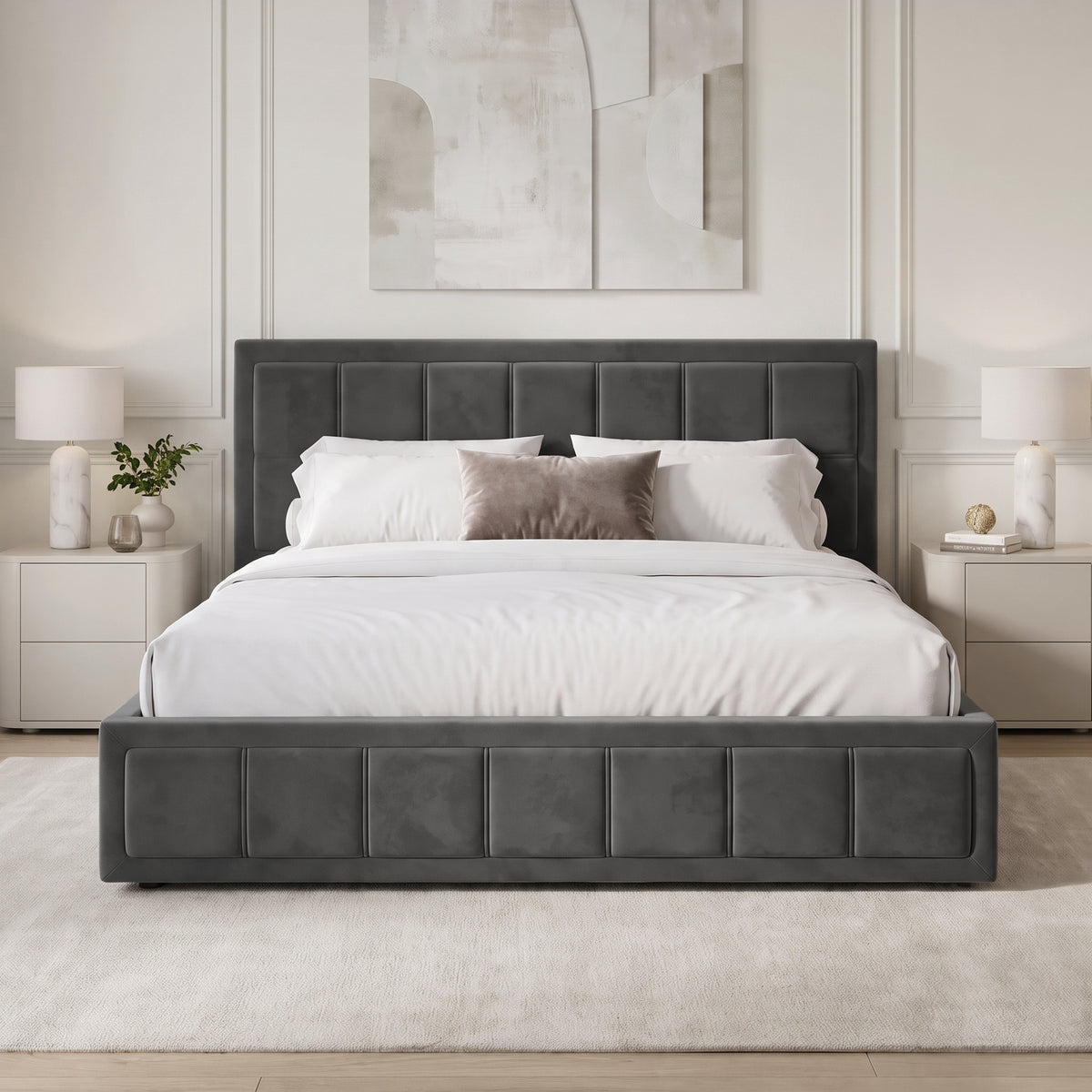[King | Grey] Velvet end lift ottoman bed shot head-on, dressed in white sheets with throw runner across mattress