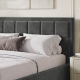 [King | Grey] Padded headboard of velvet end lift ottoman bed shown close, framed by cushions on the mattress