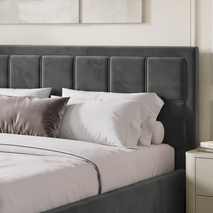 [King | Grey] Padded headboard of velvet end lift ottoman bed shown close, framed by cushions on the mattress
