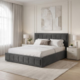 [King | Grey] Lifestyle side view of velvet ottoman storage bed with footboard square panels in foreground