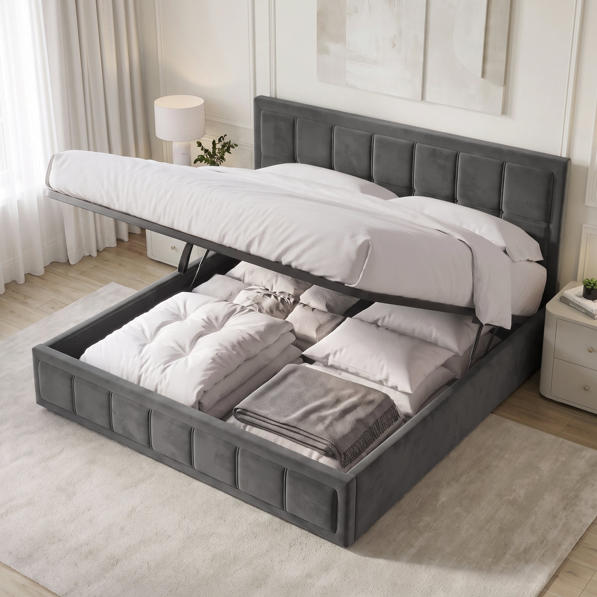 [King | Grey] Velvet ottoman storage bed lid raised showing slatted base and folded bedding in compartment