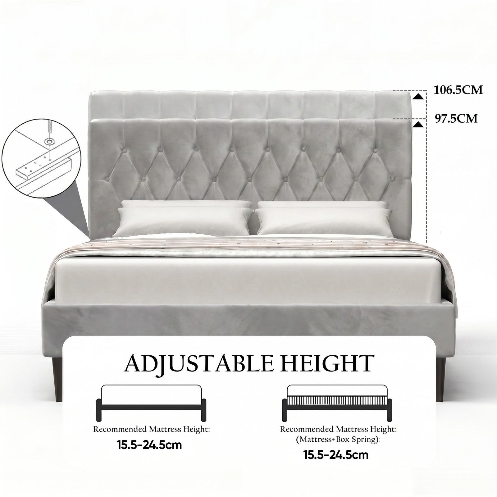 [King | Light Grey] Velvet Bed Frame adjustable headboard height diagram showing 97.5cm and 106.5cm