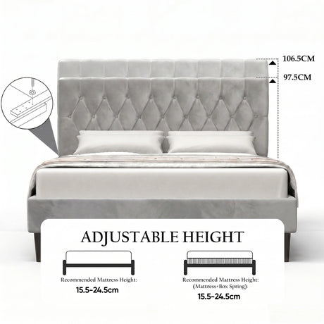 [King | Light Grey] Velvet Bed Frame adjustable headboard height diagram showing 97.5cm and 106.5cm