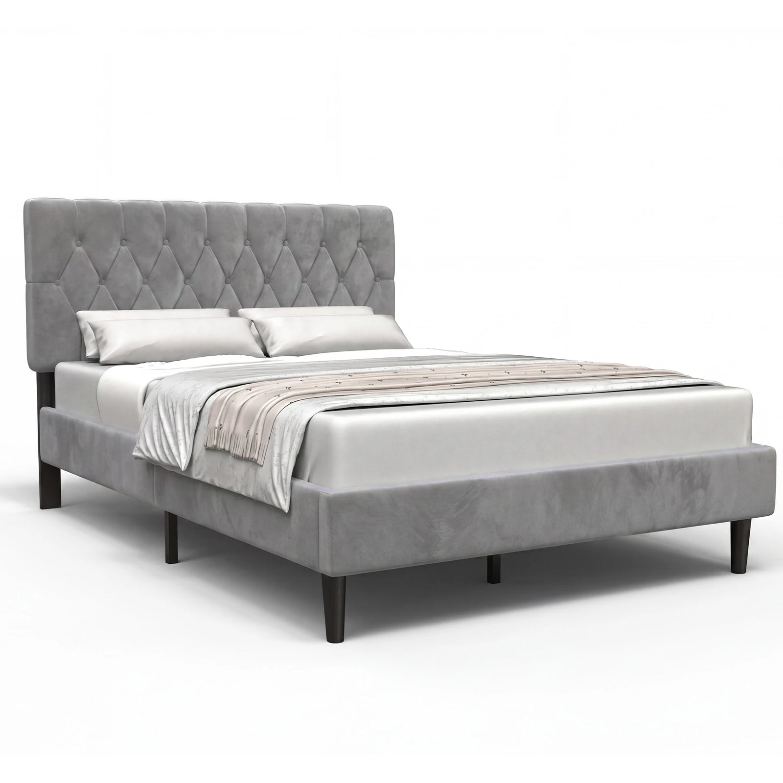 [King | Light Grey] Velvet Bed Frame angled product shot on a white background showing frame profile