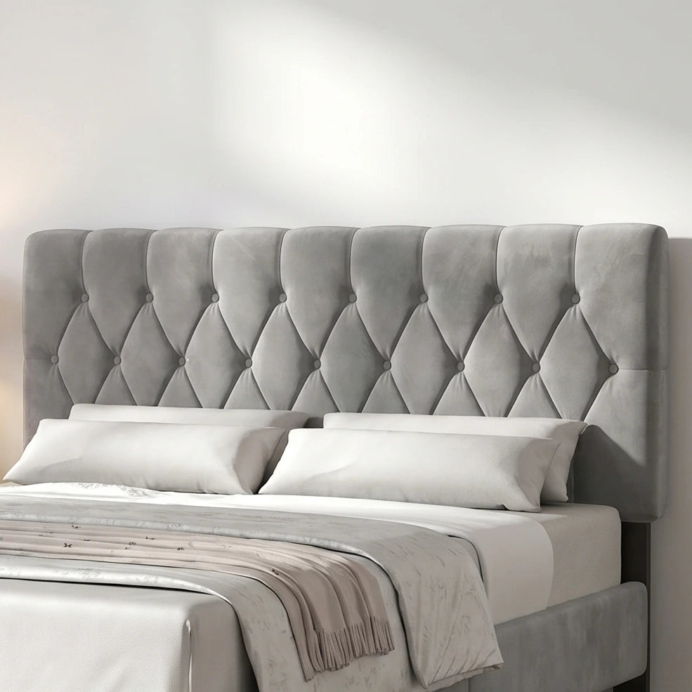 [King | Light Grey] Velvet Bed Frame close-up of the deep diamond button-tufted headboard detail