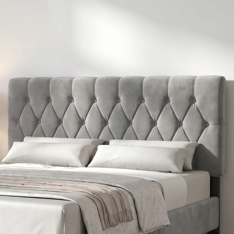 [King | Light Grey] Velvet Bed Frame close-up of the deep diamond button-tufted headboard detail