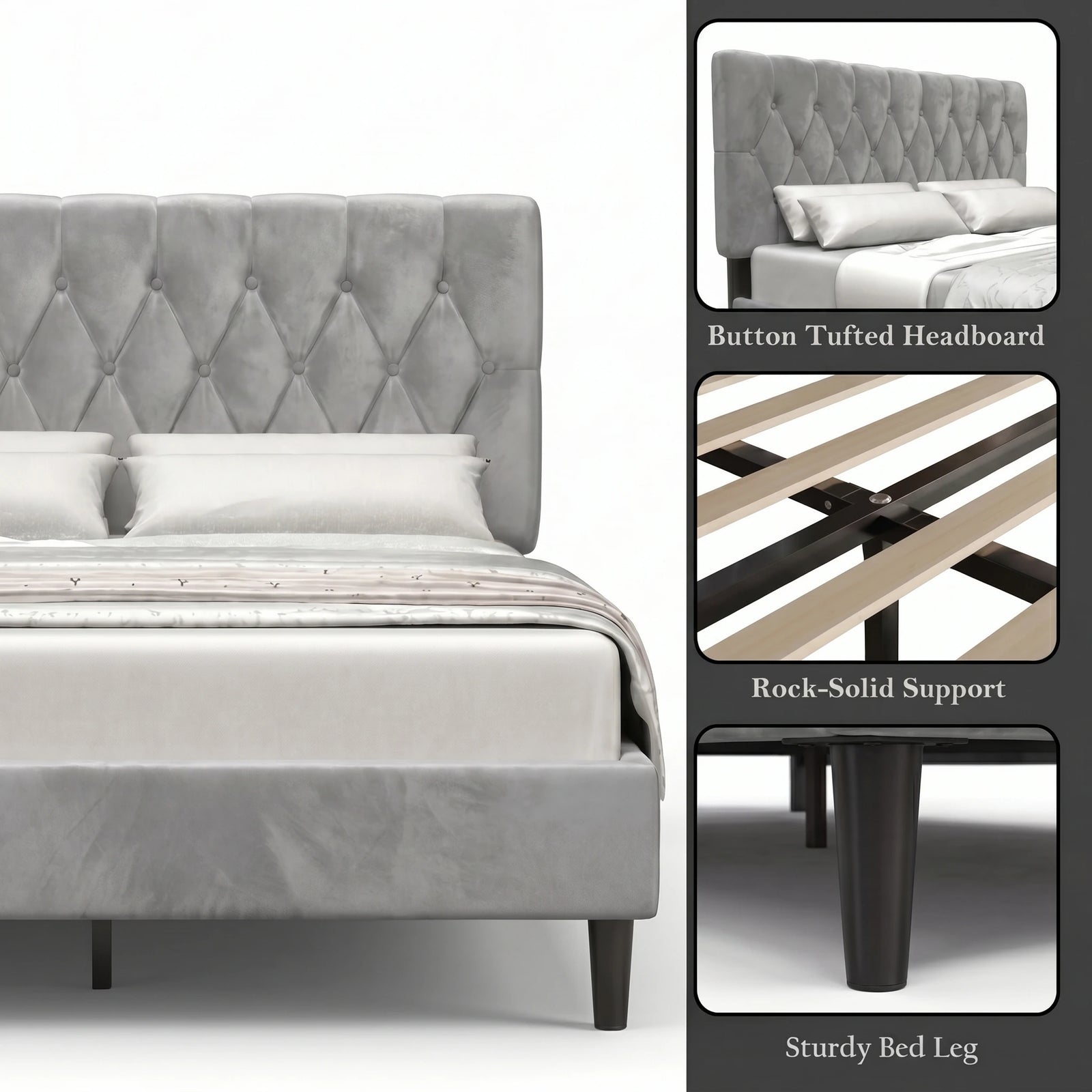 [King | Light Grey] Velvet Bed Frame features infographic showing tufted headboard wood slats and legs
