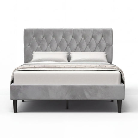 [King | Light Grey] Velvet Bed Frame front-facing product shot on a clean white studio background