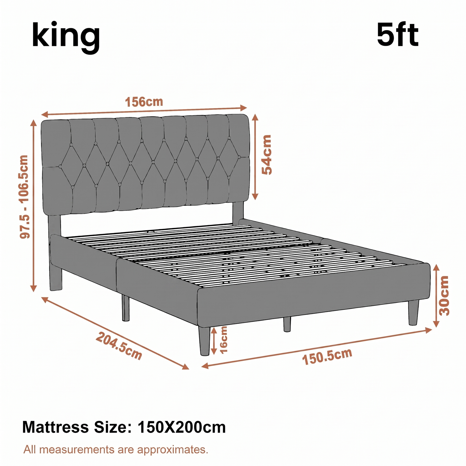 [King | Light Grey] Velvet Bed Frame King 5ft dimension diagram showing 204.5 x 150.5cm bed frame
