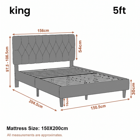 [King | Light Grey] Velvet Bed Frame King 5ft dimension diagram showing 204.5 x 150.5cm bed frame