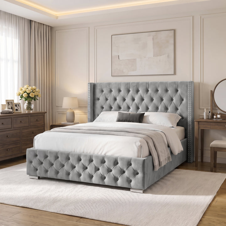 [King | Light Grey] King Light Grey Velvet Ottoman Storage Bed with Tufted Winged Headboard.