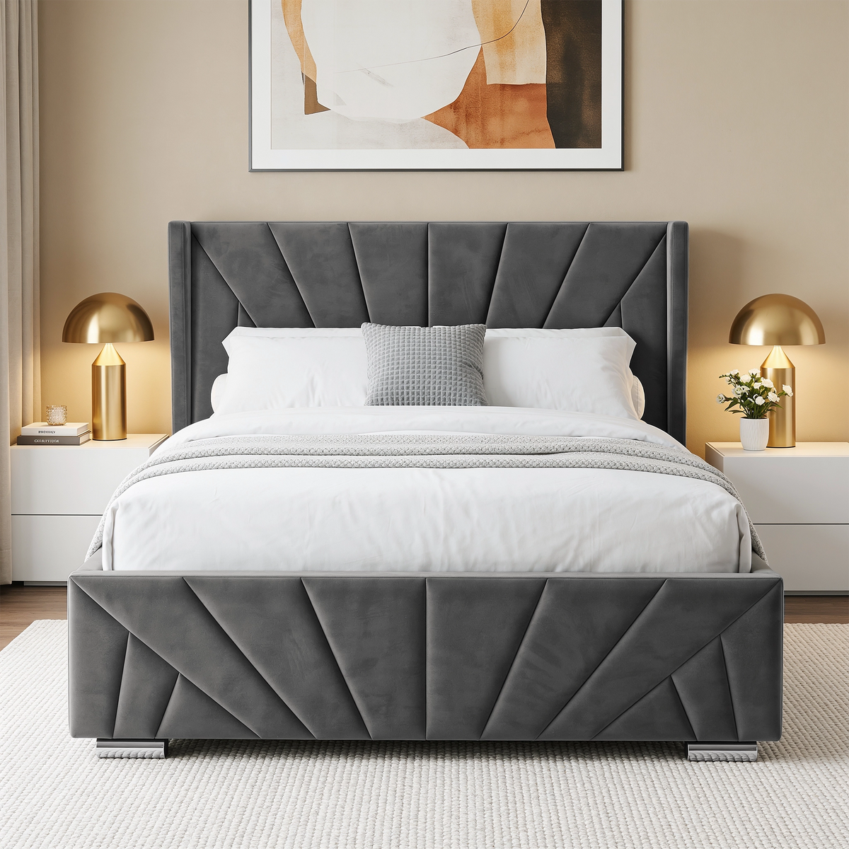 [King | Dark Grey] A modern upholstered bed with a geometric tufted headboard and matching footboard, styled in a contemporary bedroom