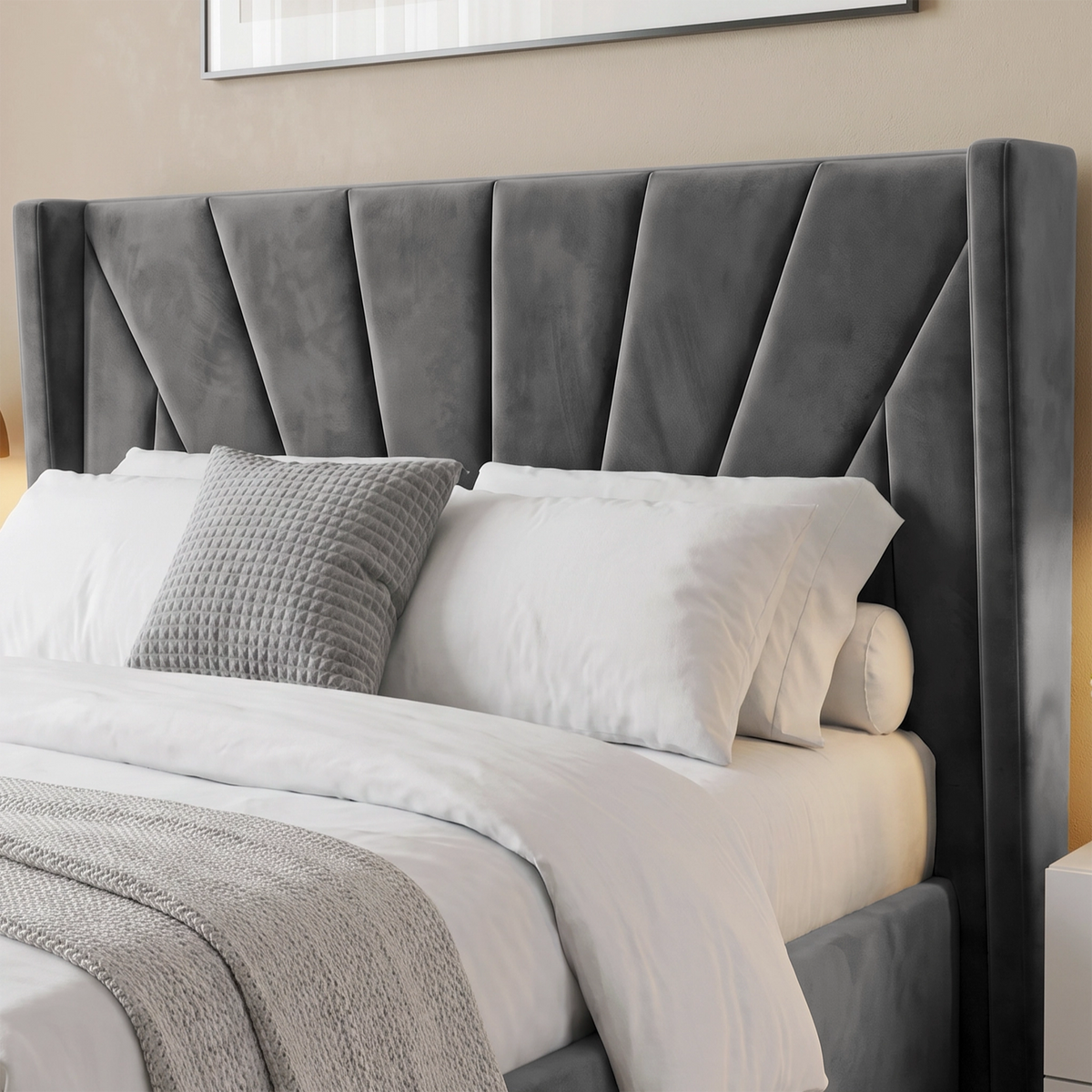 [King | Dark Grey] upholstered wingback bed headboard with vertical channel tufting, shown with white bedding, white pillows, and a textured gray accent pillow in a bedroom setting.