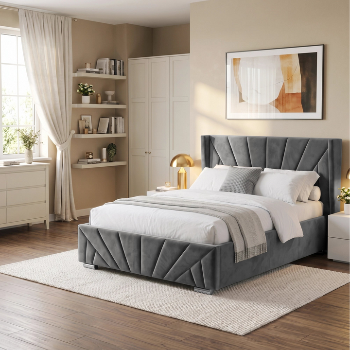 [King | Dark Grey] upholstered bed with a tall tufted headboard and matching footboard, styled in a modern beige bedroom