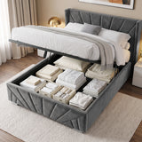 [King | Dark Grey] upholstered lift-up bed frame shown open in a styled bedroom, with white bedding on top and storage compartments underneath filled with folded towels and linens.