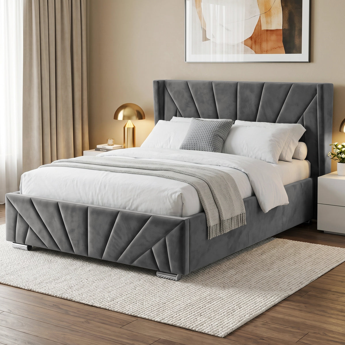 [King | Dark Grey] upholstered bed frame with a padded tufted headboard and geometric channel-tufted footboard, shown in a styled bedroom setting