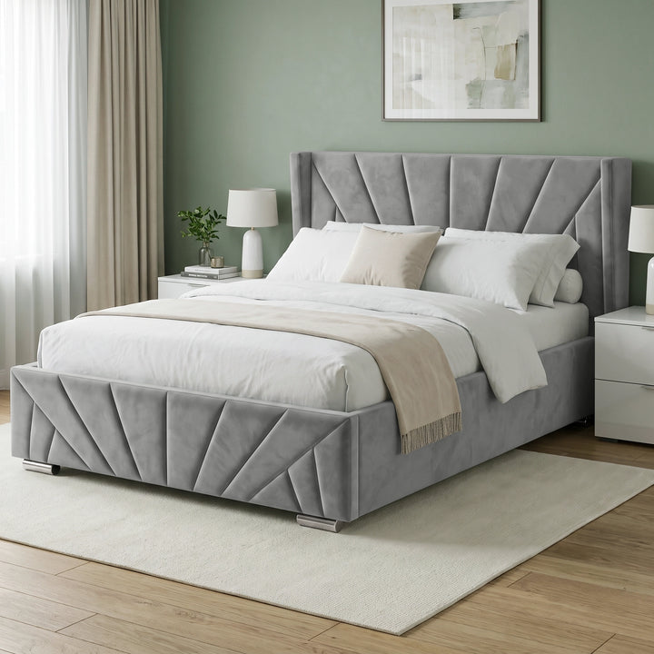 [King | Grey] upholstered bed frame with a padded tufted headboard and geometric channel-tufted footboard, shown in a styled bedroom setting