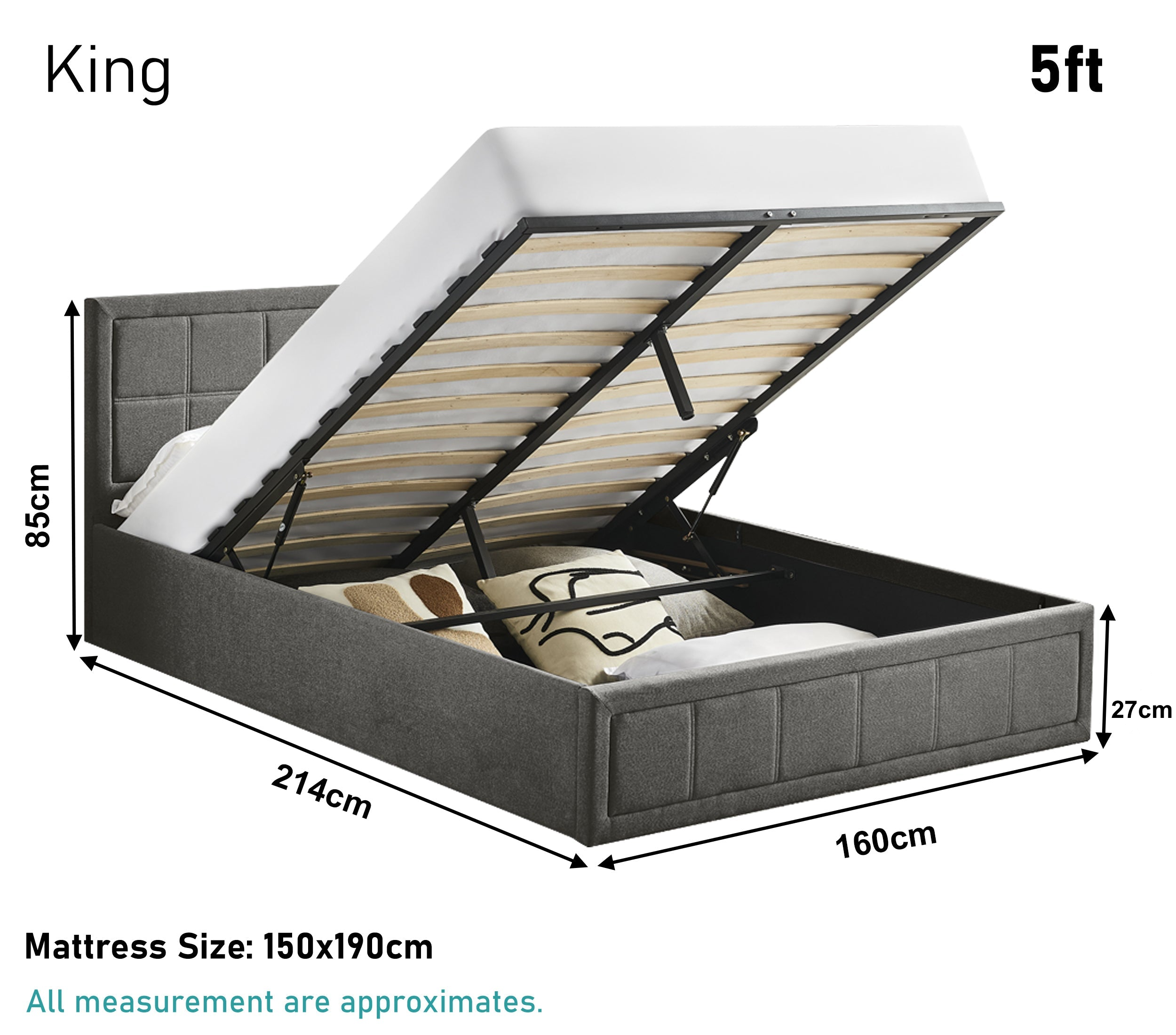 King ottoman bed with mattress, 5ft size, providing ample storage. Dimensions are approximate.