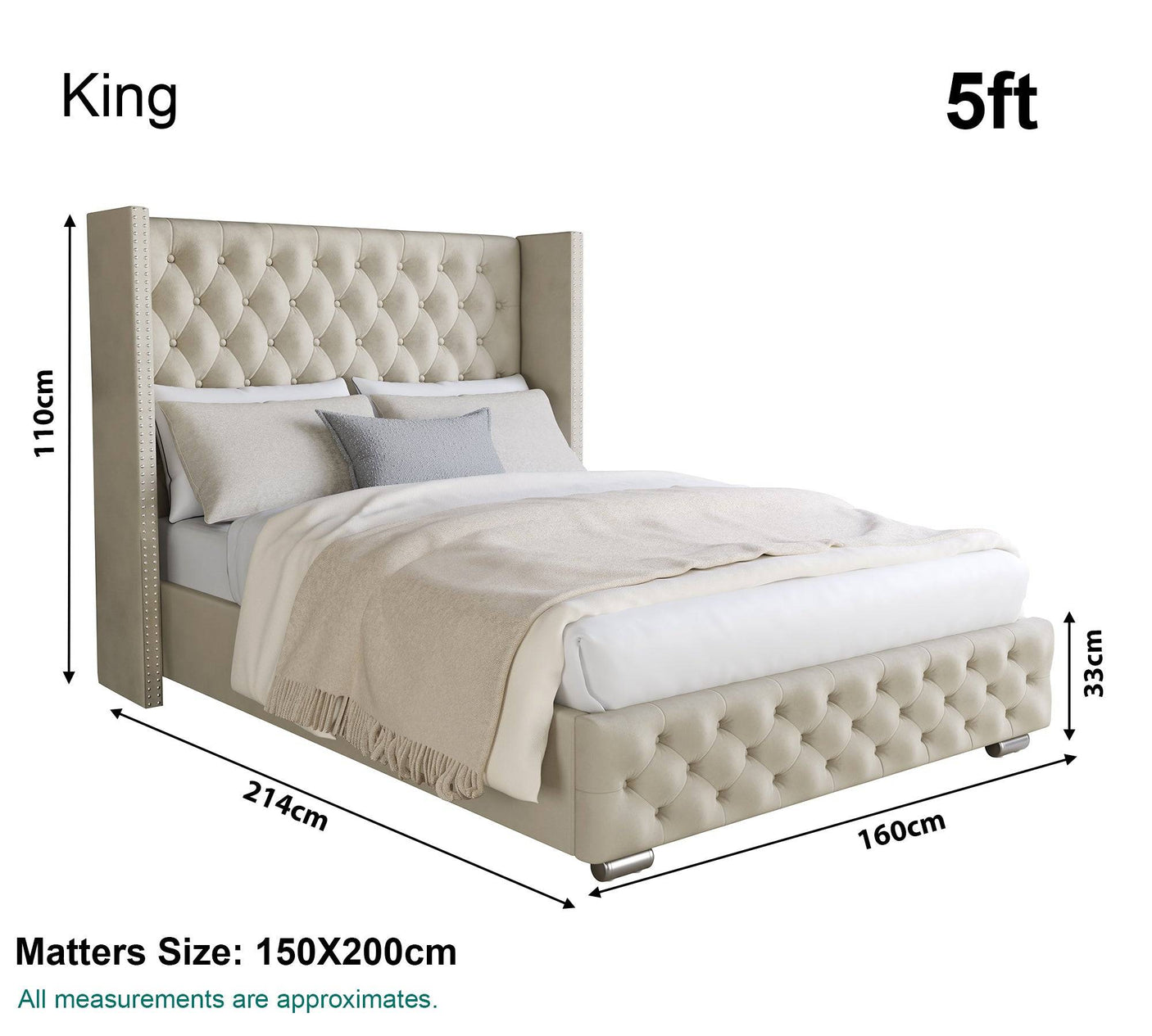 King size bed dimensions 214cm x 110cm x 160cm, offering comfort and style.