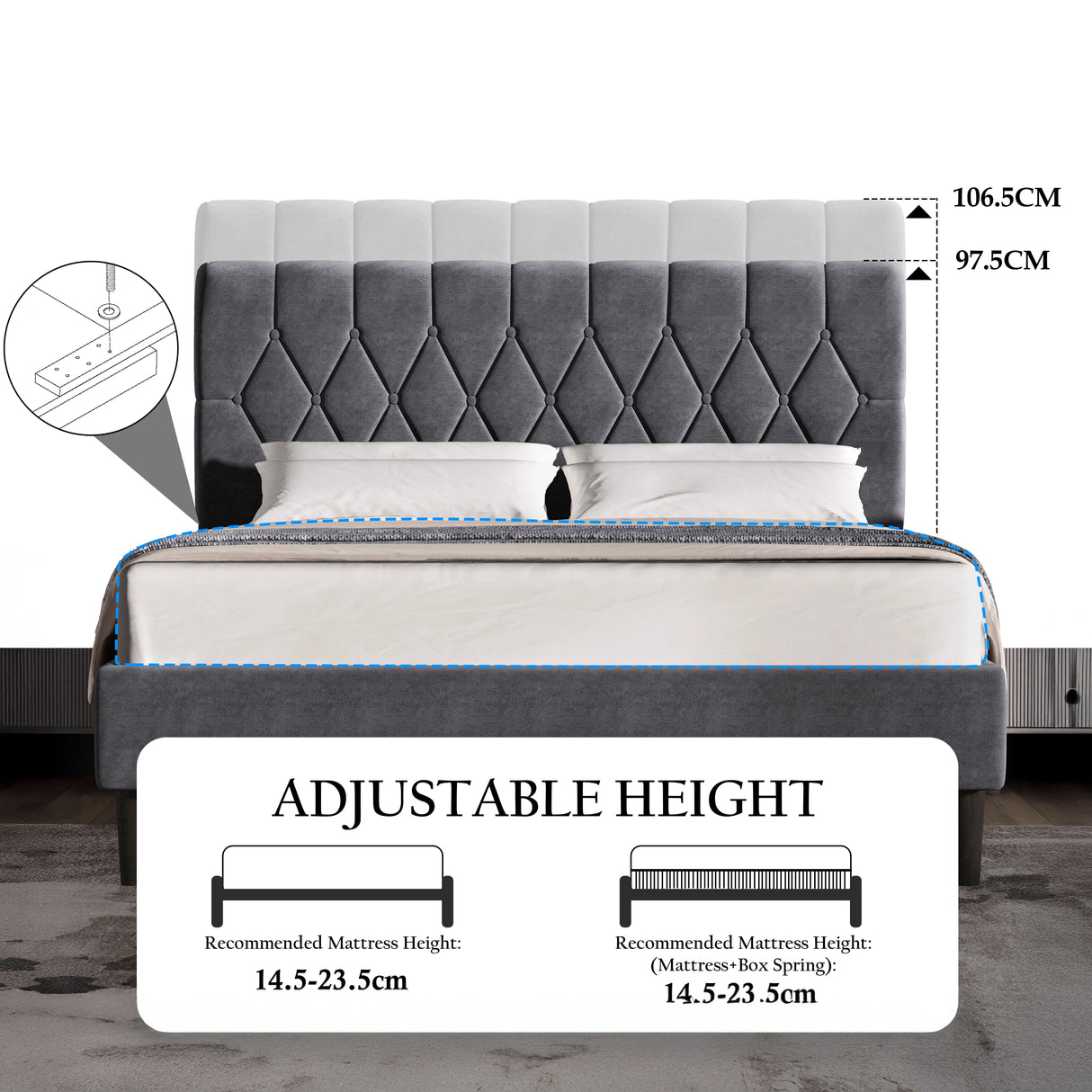 Velvet bed frame double & king size with adjustable headboard in grey, featuring tufted chesterfield design and height range of 97.5cm to 106.5cm.