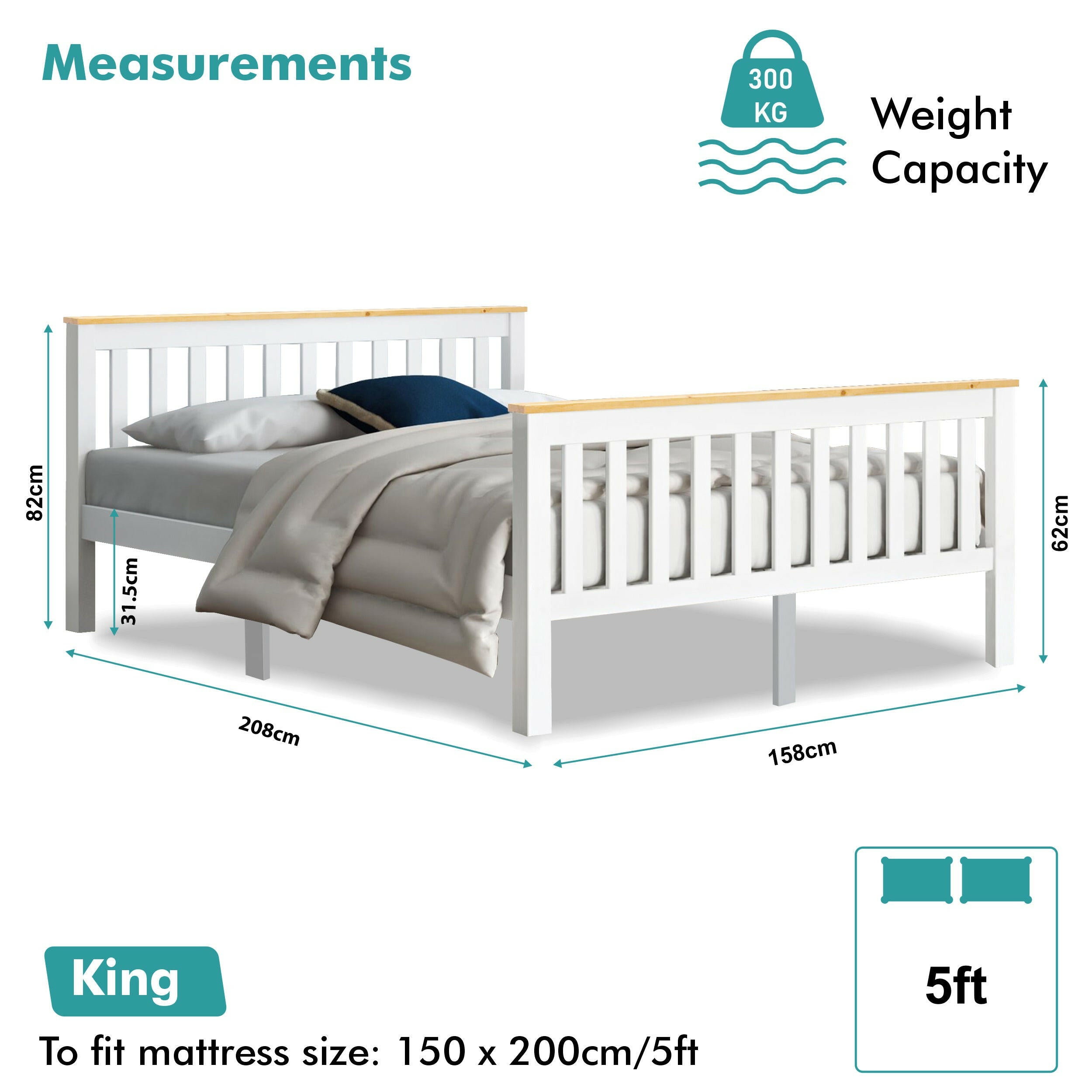 king size bed frame size and dimensions: 150 x 200 cm mattress size, 5ft frame.