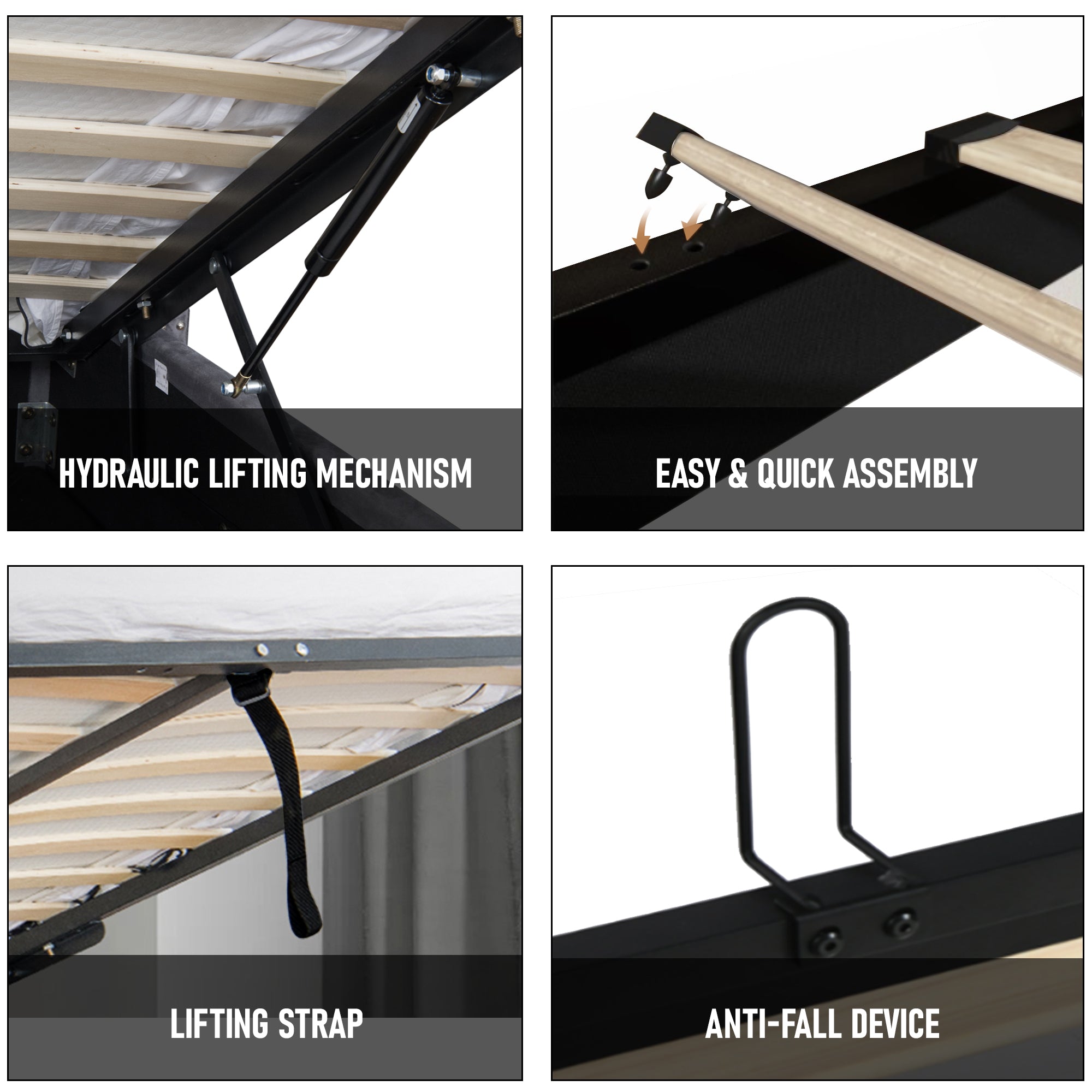 King size bed frame with storage, featuring a hydraulic lifting mechanism.