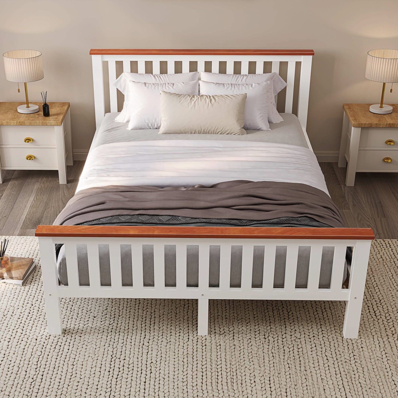 [White + Pine | King] Front-on bedroom shot of king size wooden bed frame with vertical footboard slats and oak bedsides