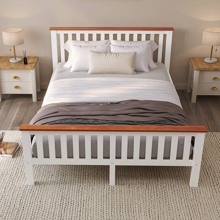 [White + Pine | King] Front-on bedroom shot of king size wooden bed frame with vertical footboard slats and oak bedsides