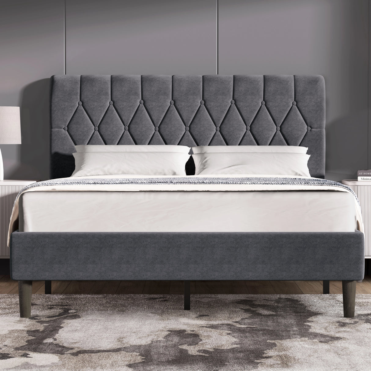 Grey velvet bed frame in king size with adjustable chesterfield headboard, ideal for modern bedrooms. Available at DHS Furniture with free UK delivery.
