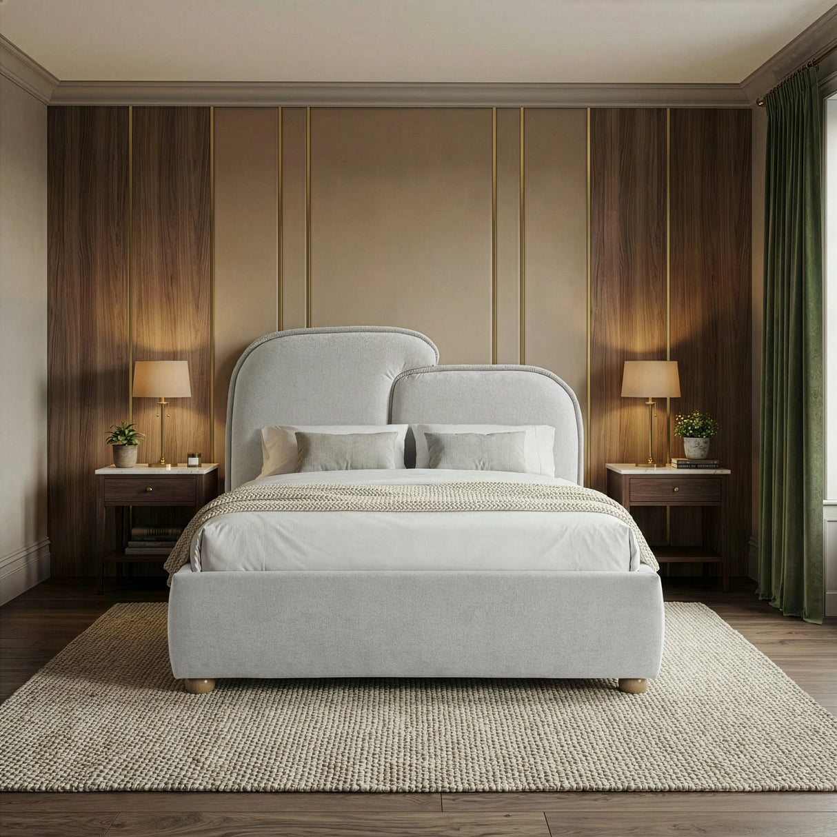 Front-facing view of a grey king size bed with a wide cushioned backrest and evenly padded base