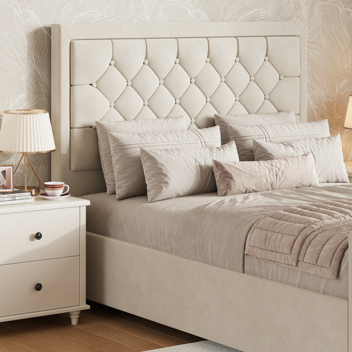 king size bed ottoman with a cross puffed headboard placed near a white bedside table in a bedroom