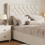 king size bed ottoman with a cross puffed headboard placed near a white bedside table in a bedroom