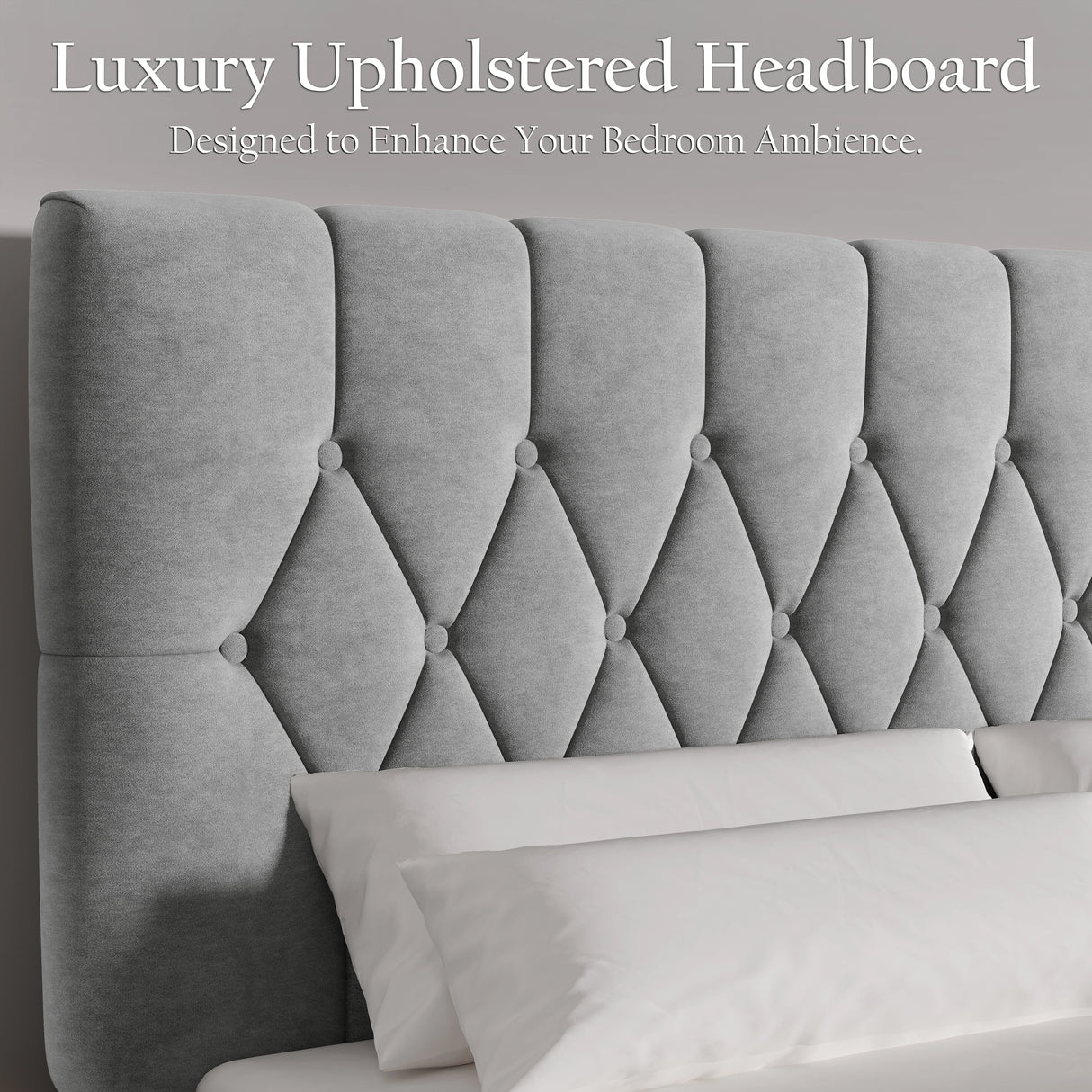 Grey velvet bed frame with adjustable chesterfield headboard in double or king size from DHS Furniture. Elegant tufted design enhances bedroom decor.