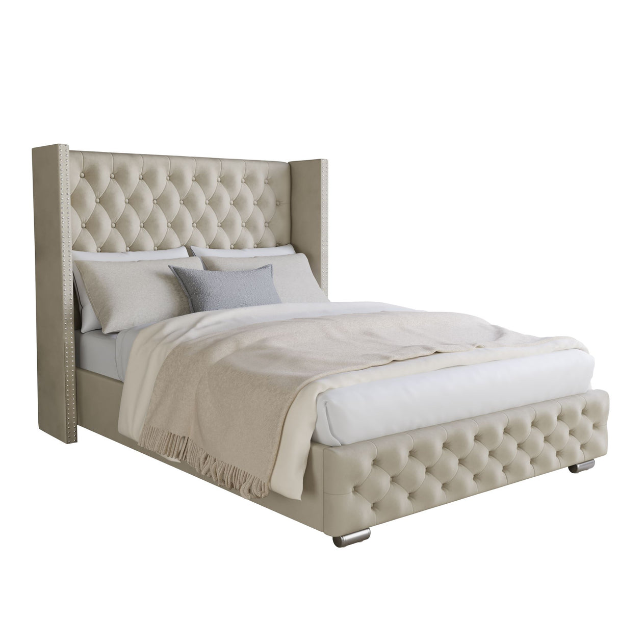 King size bed with storage uk, featuring an elegant upholstered design with a tufted headboard.