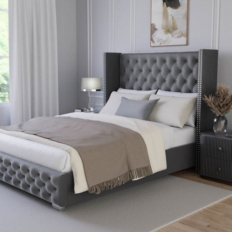 King size bed with storage, tufted headboard, and luxury design for modern elegant bedrooms.